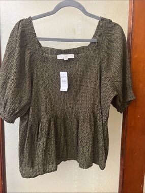 LOFT Olive Green Smocked Peplum Blouse